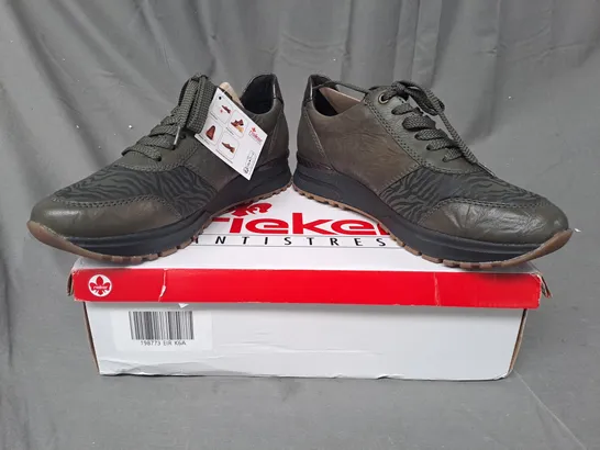 BOXED PAIR OF RIEKER LOW WEDGE TRAINERS IN GREEN SIZE 6.5