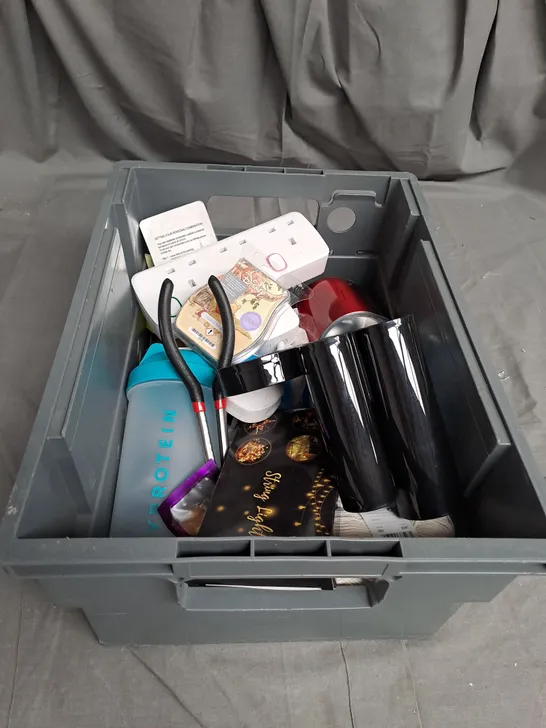 TOTE OF APPROX 20 HOUSEHOLD ITEMS TOO INCLUDE BOTTLES , EXTENSION LEADS , TOOL KITS 