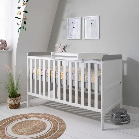 BOXED RIO COT BED WITH MATTRESS, WHITE AND DOVE GREY FINISH (2 BOXES)