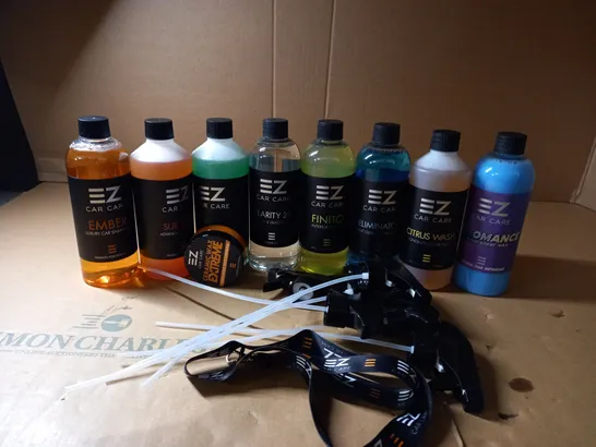 BOX OF EZ CAR CARE ITEMS TO INCLUDE PRE WASH, SPRAY TOPS AND WINDOW CLEANER