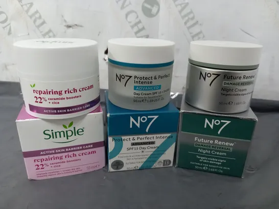 3 BOXED SKINCARE PRODUCTS TO INCLUDE N07 PROTECT & PERFECT INTENSE DYA CREAM (50ml), N07 FUTURE RENEW DAMAGE REVERSAL NIGHT CREAM (50ml), SIMPLE REPAIRING RICH CREAM ACTIVE BARRIER SKINCARE (50ml)