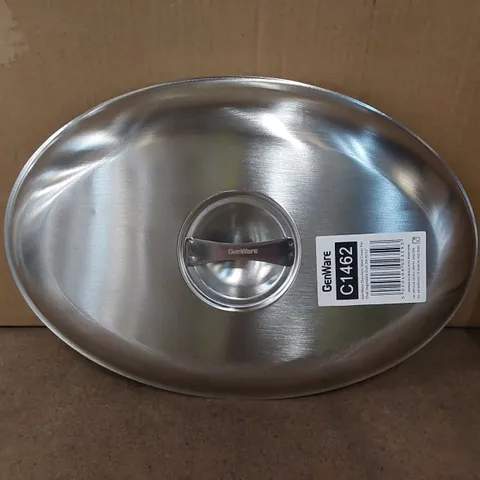 BOX OF APPROX 12 GENWARE STAINLESS STEEL COVERS FOR A OVAL VEGETABLE DISH 30cm