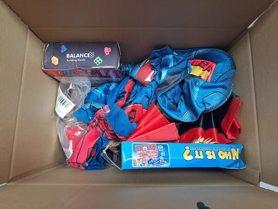 BOX OF ASSORTED TOYS AND GAMES TO INCLUDE FOOTBALL, IPAD CASE AND BARBIE DOLLS