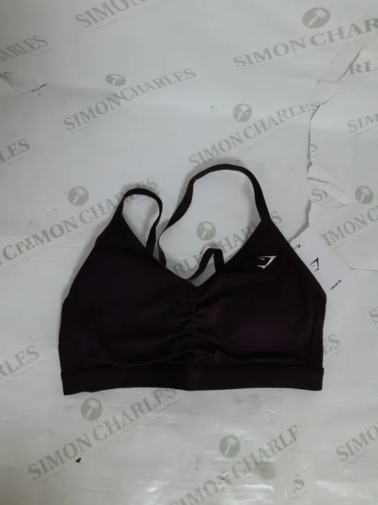 GYMSHARK SCRUNCH MEDIUM SUPPORT SPORTS BRA IN PLUM BROWN SIZE S