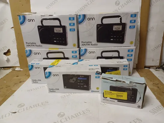 LOT OF 8 ASSORTED RADIOS TO INCLUDE ONN AND ASDATECH