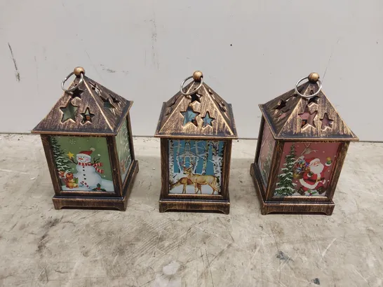 BOXED FESTIVE SET OF 3 MINIATURE PRE-LIT LANTERNS