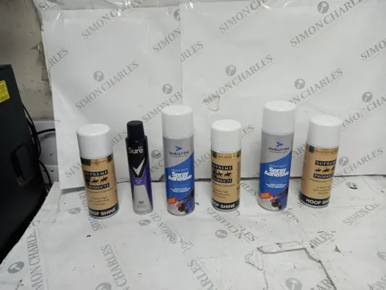 APPROXIMATELY 15 ASSORTED AEROSOLS TO INCLUDE SURE ACTIVE DRY, INSUPPA SPRAY ADHESIVE, AND HOOF SHINE ETC. 