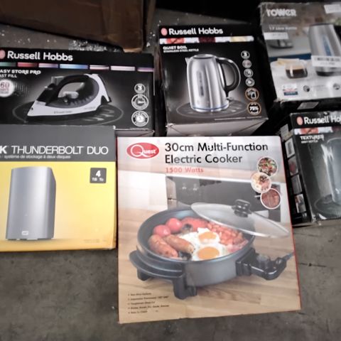 PALLET OF ASSORTED PRODUCTS TO INCLUDE; RUSSELL HOBBS EASY STORE PRO IRON, CISCO POWER LEAD, QUEST 30CM MULTI FUNCTION ELECTRIC COOKER, TOWER KETTLE AND WD MY BOOK THUNDERBOLT DUO