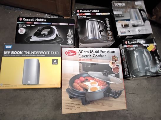 PALLET OF ASSORTED PRODUCTS TO INCLUDE; RUSSELL HOBBS EASY STORE PRO IRON, CISCO POWER LEAD, QUEST 30CM MULTI FUNCTION ELECTRIC COOKER, TOWER KETTLE AND WD MY BOOK THUNDERBOLT DUO