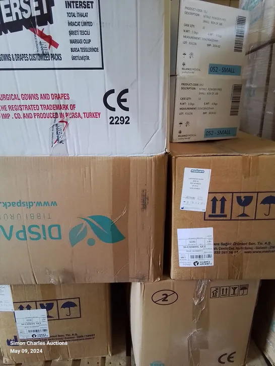 PALLET OF APPROXIMATELY 500 ASSORTED BRAND NEW MEDICAL ITEMS TO INCLUDE - DISPACK REINFORCED SURGICAL GOWNS LARGE - POWDER FREE GLOVES SMALL - ARA-60XL DISPOSABLE GOWNS