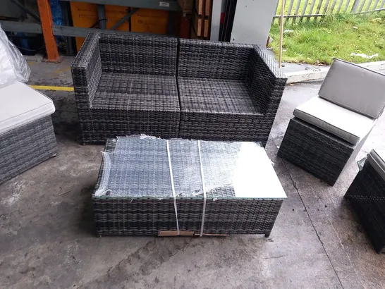 DESIGNER RATTAN EFFECT GARDEN SET TO INCUDE; SOFA, GLASS TOPPED COFFEE TABLE AND 4 CHAIRS