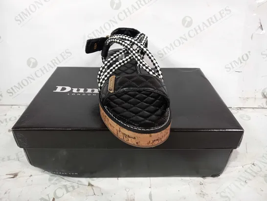 BOXED PAIR OF DUNE LONDON ROPE PLATFORM SANDALS IN BLACK/WHITE UK SIZE 6