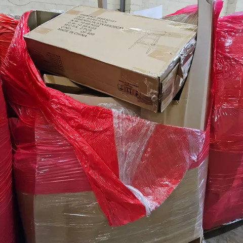 PALLET OF ASSORTED ITEMS TO INCLUDE, DRYWALL SANDER, BOXED BARSTOOL, TOILET SEATS, ROBOT VACUUM CLEANER.