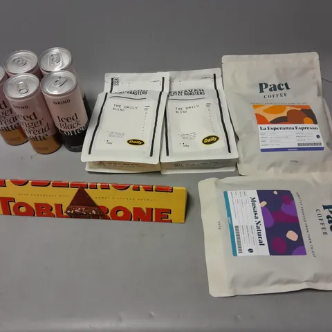 LOT OF ASSORTED FOOD ITEMS TO INCLUDE TOBLERONE, ICED COFFEE, ETC