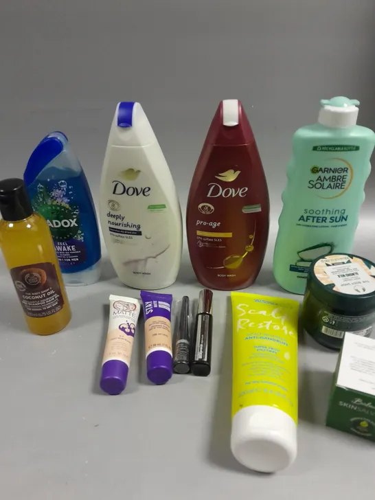 APPROXIMATELY 20 ASSORTED HEALTH & BEAUTY PRODUCTS TO INCLUDE DOVE BODY WASH, COCONUT OIL, BALMONDS SKIN SALVATION ETC 