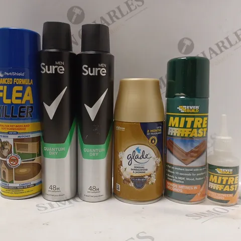 BOX OF APPROX 10 ASSORTED AEROSOLS TO INCLUDE SURE MEN DEODORANT, GLADE AIR FRESHENER, EVER BUILD MITRE FAST, ETC 