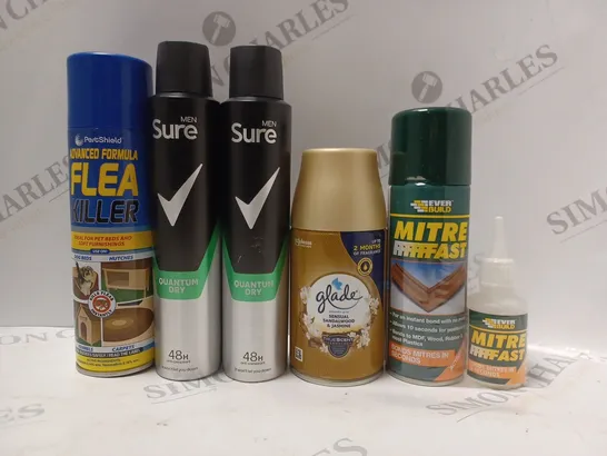 BOX OF APPROX 10 ASSORTED AEROSOLS TO INCLUDE SURE MEN DEODORANT, GLADE AIR FRESHENER, EVER BUILD MITRE FAST, ETC 