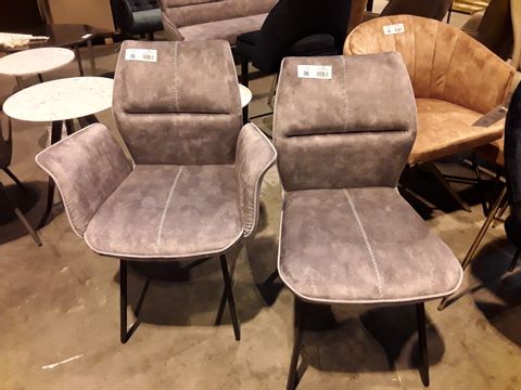 PAIR OF DESIGNER SILVER FABRIC UPHOLSTERED DINING CHAIRS WITH FEATURED STITCHING 