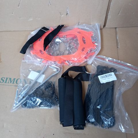 BOX OF MISCELLANEOUS CAMPING/CLIMBING AND STRENGTH-TRAINING EQUIPMENT