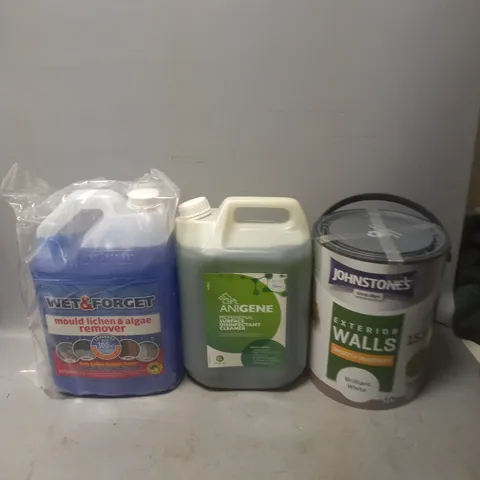 3 HOUSEHOLD ITEMS TO INCLUDE WET&FORGET, ANIGENE DISINFECTANT, AND JOHNSTONES BRILLIANT WHITE SMOOTH MASONRY 