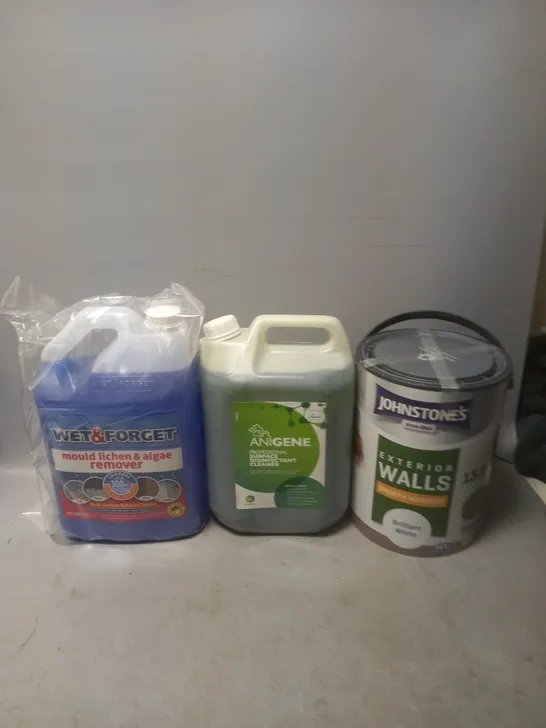 3 HOUSEHOLD ITEMS TO INCLUDE WET&FORGET, ANIGENE DISINFECTANT, AND JOHNSTONES BRILLIANT WHITE SMOOTH MASONRY 