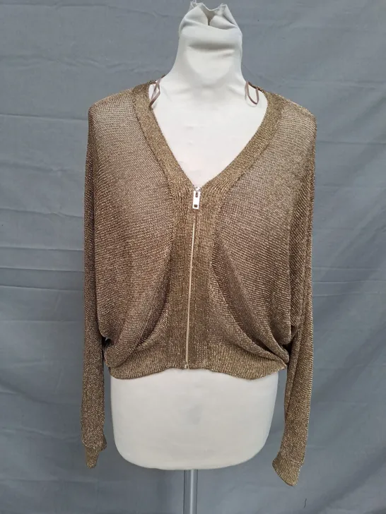 ZARA METALLIC THREAD KNITTED ZIP-UP SWEATER IN GOLD SIZE MEDIUM