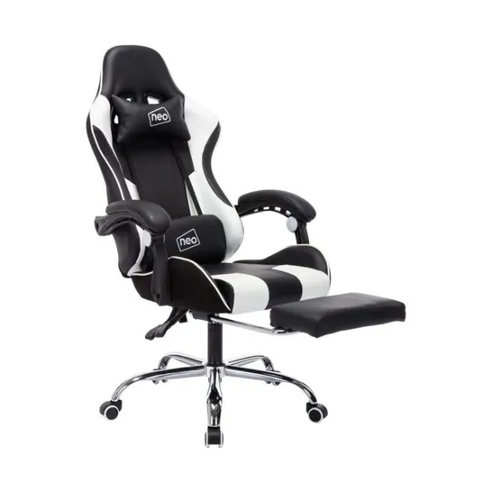 BOXED NEO SCORPIUS WHITE/BLACK LEATHER GAMING CHAIR WITH MASSAGE FUNCTION & FOOTREST (1 BOX)