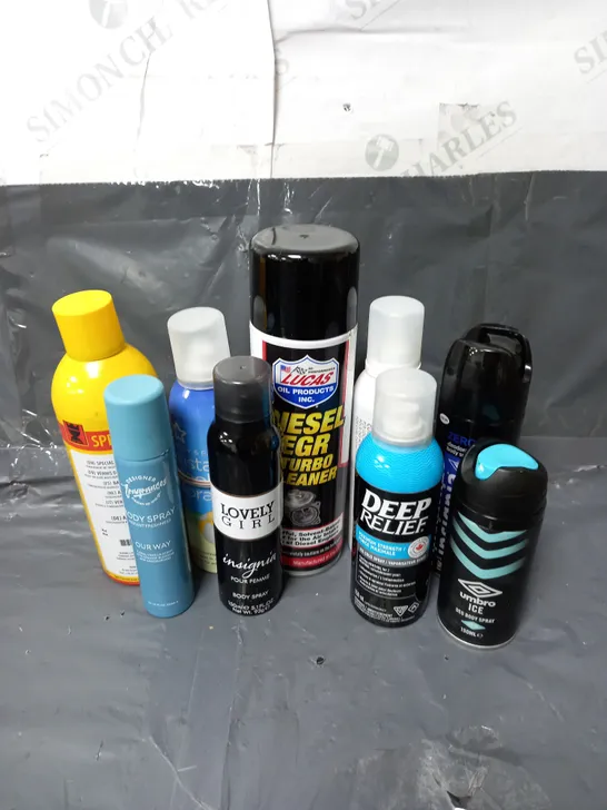 BOX OF APPROXIMATELY 10 ASSORTED AEROSOLS TO INCLUDE - SASOON CURL FOAM - UMBRO ICE BODY SPRAY - LUCAS DIESAL EGR & TURBO CLEANER - ETC - COLLECTION ONLY