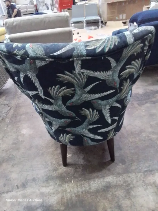 QUALITY BRITISH DESIGNER LOUNGE Co. UPHOLSTERED OCCASSIONAL CHAIR BIRDS OF PARADISE BLUE FABRIC 