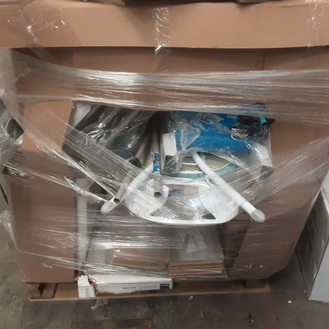 PALLET OF ASSORTED PRODUCTS TO INCLUDE; MACALLISTER LOFT LADDER, LAMINATE FLOORING AND BURBANK SINK