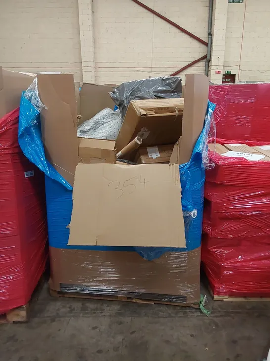 PALLET OF ASSORTED HOUSEHOLD ITEMS AND CONSUMER PRODUCTS TO INCLUDE; BEDSIDE SLEEPER CRIB, KITCHEN FAUCET, LAPTOP STAND, BABY WALKER, BOXED FURNITURE ETC 