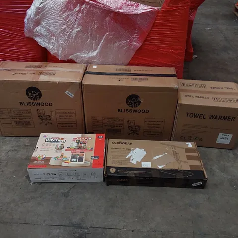 PALLET OF ASSORTED ITEMS INCLUDING: OFFICE CHAIRS, TOWEL WARMER, UNIVERSAL TV STAND, KID'S PLAYSET