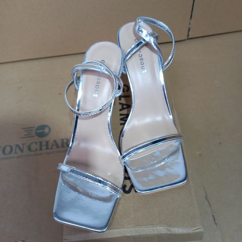 PAIR OF GLAMOROUS BARELY THERE HEELED SANDALS SILVER UK SIZE 5
