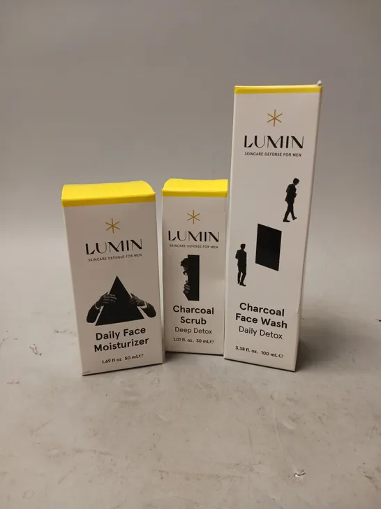 LUMIN LOT OF 3 MENS SKINCARE PRODUCTS TO INCLUDE - DAILY FACE MOISTURIZER - CHARCOAL SCRUB - CHARCOAL FACE WASH - ETC