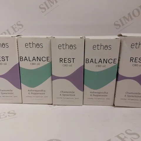 BOX OF APPROX 5 ETHOS CBD OILS TO INCLUDE REST AND BALANCE