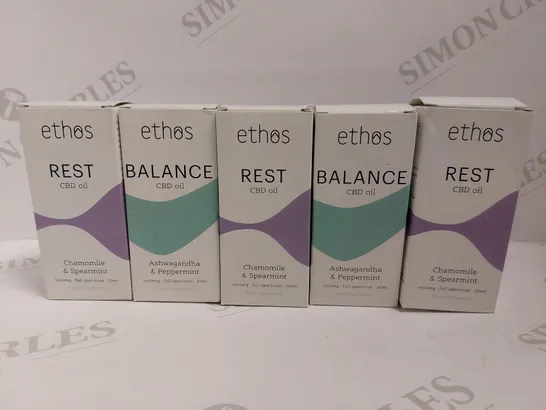 BOX OF APPROX 5 ETHOS CBD OILS TO INCLUDE REST AND BALANCE