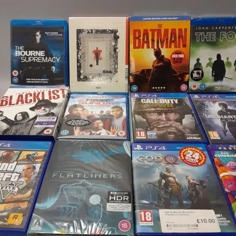 APPROXIMATELY 23 ASSORTED DVDS AND GAMES TO INCLUDE THE BATMAN (BLU-RAY), THE LAST OF US 2 (PS4), BLACKLIST THE COMPLETE THIRD SEASON, ETC