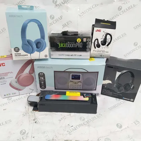 LARGE QUANTITY OF ASSORTED ELECTRICALS TO INCLUDE; JVC FITNESS SERIES, JUICE BOOM PRO AND BLUETOOTH DAB RADIO