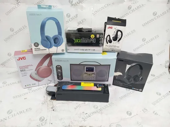 LARGE QUANTITY OF ASSORTED ELECTRICALS TO INCLUDE; JVC FITNESS SERIES, JUICE BOOM PRO AND BLUETOOTH DAB RADIO