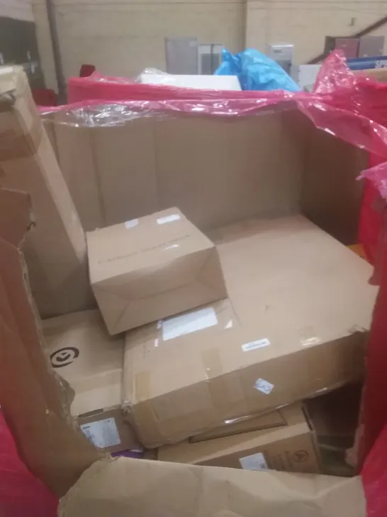 PALLET OF ASSORTED HOUSEHOLD PRODUCTS AND ITEMS, INCLUDING; AIR FRYER, CHILDREN'S TRICYCLE, PURIFIER AND HEATER FAN, OFFICE CHAIR, TURNTABLE HI-FI SYSTEM ETC