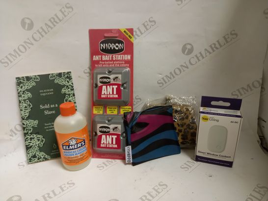 LOT OF APPROXIMATELY 15 ASSORTED HOUSEHOLD ITEMS, TO INCLUDE ANT BAIT, YALE DOOR CONTACT, ODDBALLS SHOPPING BAG, ETC