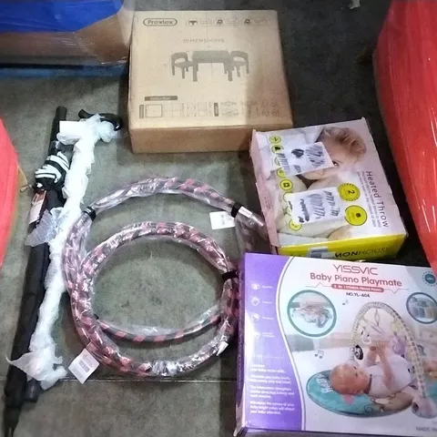 PALLET OF ASSORTED ITEMS INCLUDING PREXTEX TABLE AND CHAIRS SET, HEATED THROW, BABY PIANO PLAYMATE, PRO HULA HOOP, ERGONAUTS UMBRELLA, WALKING STICK 