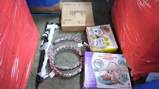 PALLET OF ASSORTED ITEMS INCLUDING PREXTEX TABLE AND CHAIRS SET, HEATED THROW, BABY PIANO PLAYMATE, PRO HULA HOOP, ERGONAUTS UMBRELLA, WALKING STICK 