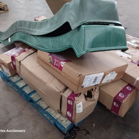 PALLET OF ASSORTED BOXED PLUM WOODEN PARTS INCLUDING CLIMBING TOWER, 2 × WAVY SLIDES.