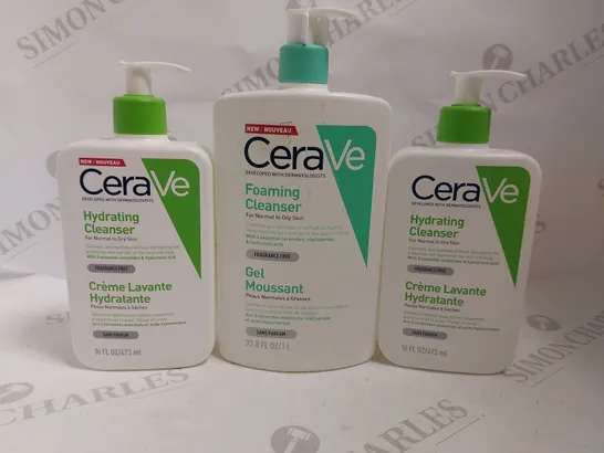 BOX OF 3 CERAVE ITEMS TO INCLUDE FOAMING CLEANSER AND HYDRATING CLEANSER