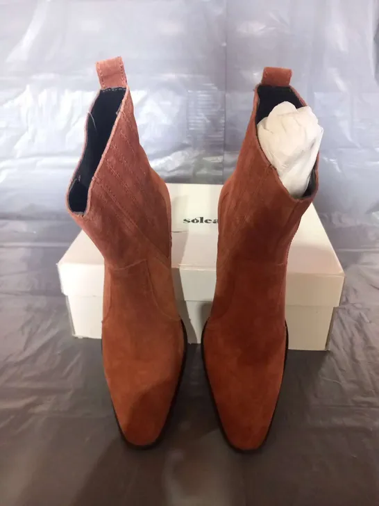 BOXED SOLEA FARES BROWN SUEDE ANKLE BOOTS SIZE 6