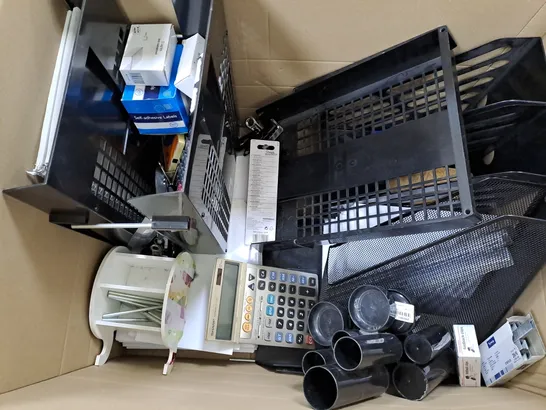 LARGE BOX OF ASSORTED OFFICE EQUIPMENT TOO INCLUDE STORAGE CONTAINERS , CALCULATORS , STAPLES , ETC  