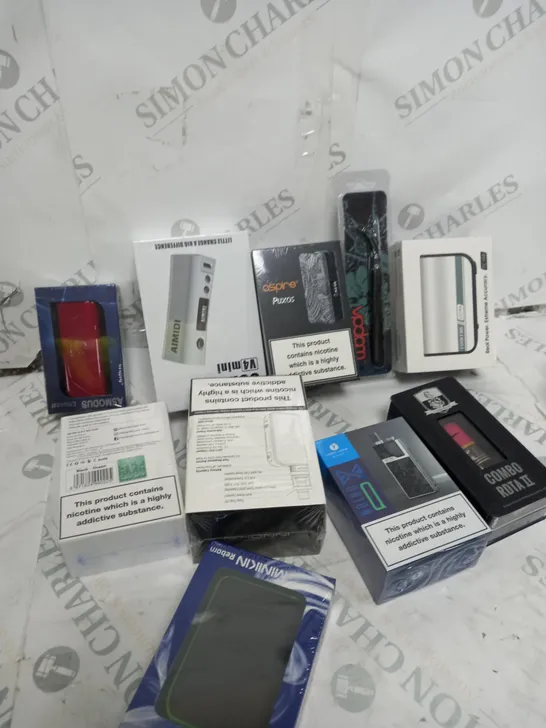 BOX OF APPROXIMATELY 10 ASSORTED E-CIG PRODUCTS TO INCLUDE ASPIRE, OXVA, AIMIDI ETC