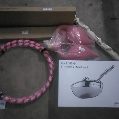 PALLET OF ASSORTED ITEMS INCLUDING QX LIVING STAINLESS STEEL WOK, HULA HOOPS, 2PC PINK FLAMINGOS, ROUND TABLE CLOTH, AHPOON ERGONOMIC FOREARM, KOIIKO TABLET IPAD CAR HOLDER