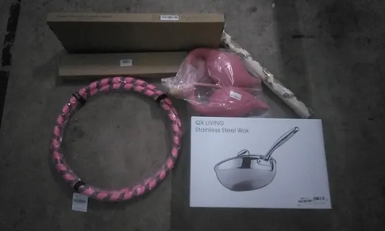 PALLET OF ASSORTED ITEMS INCLUDING QX LIVING STAINLESS STEEL WOK, HULA HOOPS, 2PC PINK FLAMINGOS, ROUND TABLE CLOTH, AHPOON ERGONOMIC FOREARM, KOIIKO TABLET IPAD CAR HOLDER